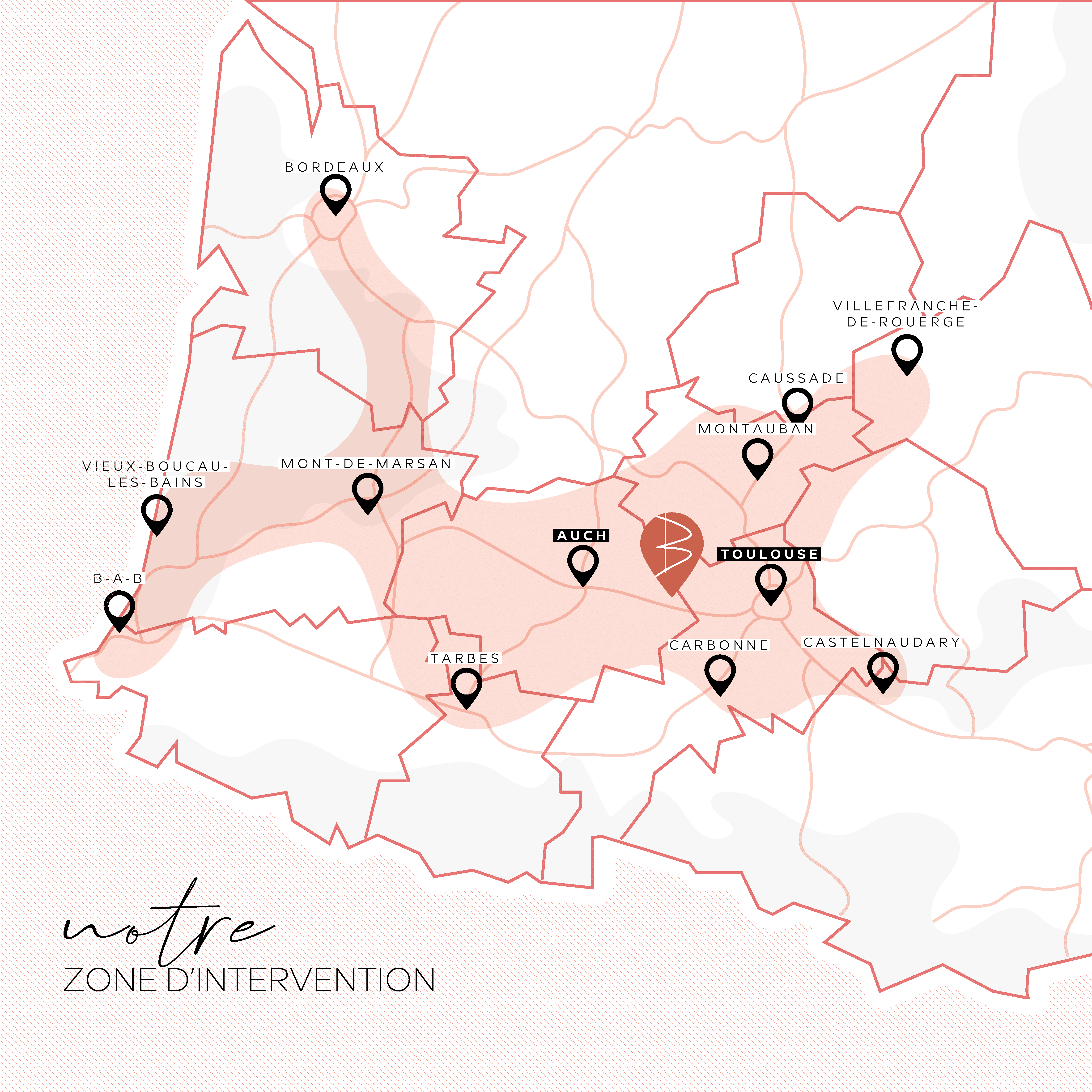 Carte de la zone d'intervention de l'agence, centrée sur Toulouse, Auch et le Gers, rayonnant sur tout le Sud-Ouest