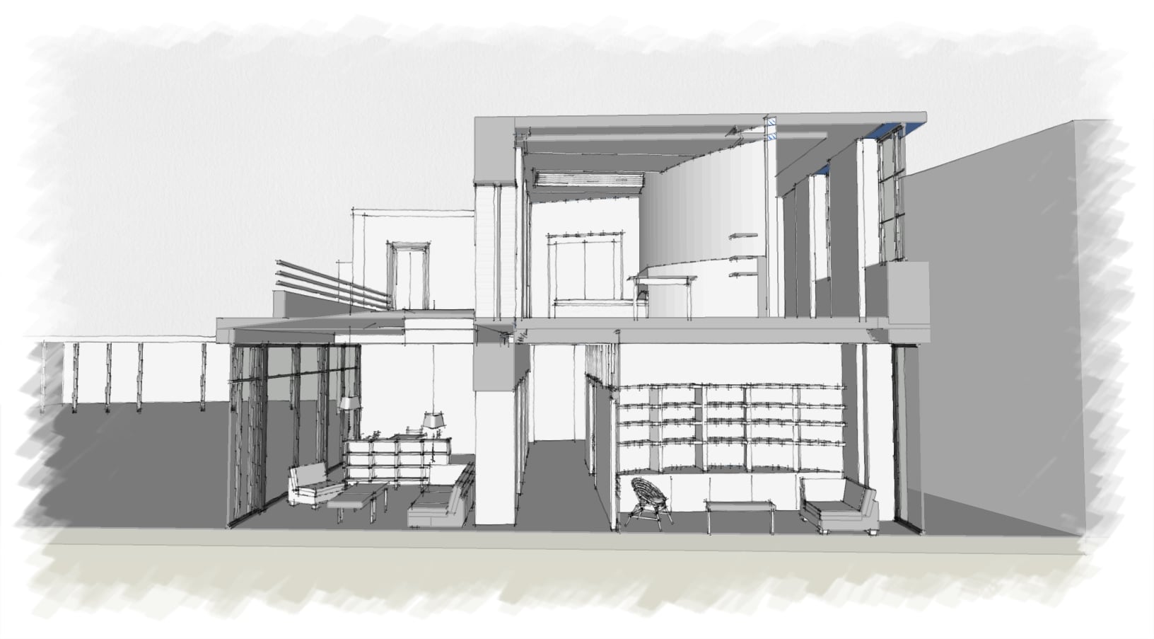 Coupe perspective, aménagement intérieur