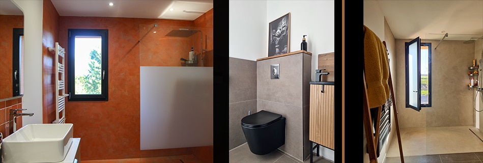 Salle d'eau à l'enduit ocre avec douche à l'italienne, WC suspendu noir et meuble bois sur carrelage gris