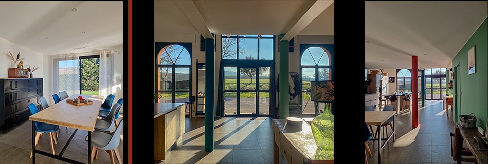 Salle à manger et pièce à vivre traversante ouvertes sur le jardin par de hautes baies cintrées inondées de lumière