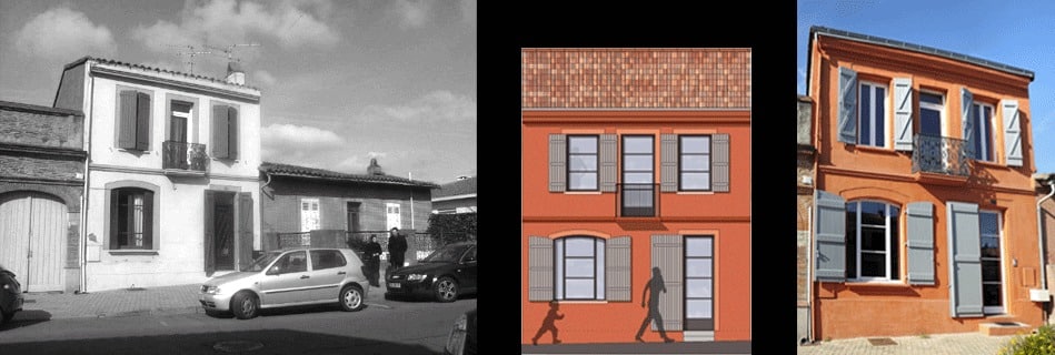 Façade sur rue de la petite maison de ville : état d'origine en noir et blanc, projet en image de synthèse et maison restaurée en briques orangées aux volets gris