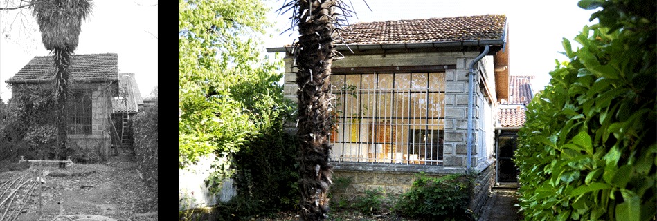 Petit bâtiment sur jardin à verrière et murs de pierre à bossages : vue ancienne en noir et blanc et vue restaurée derrière un palmier