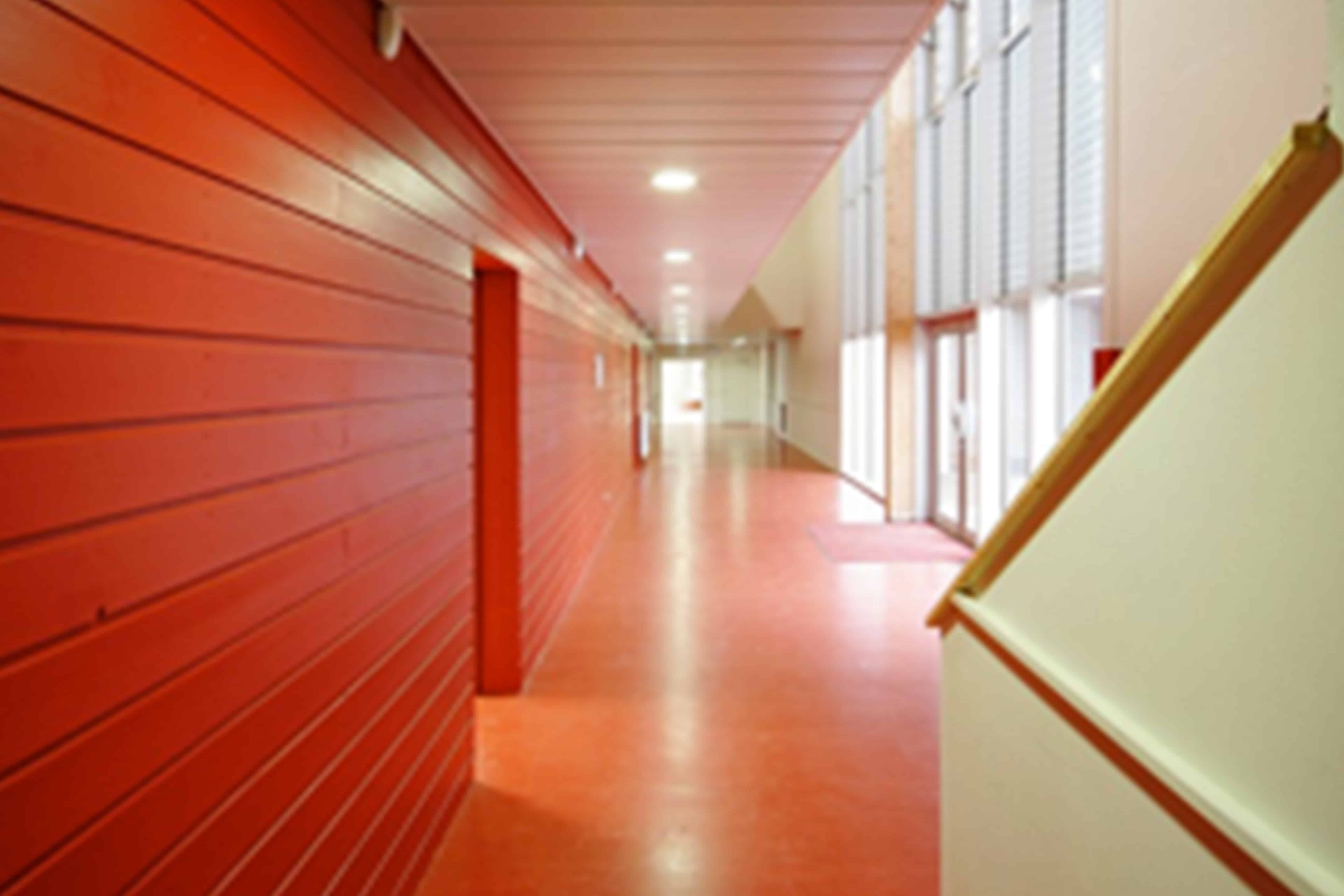 Couloir de l'école habillé de bardage bois rouge et de sol en résine, largement vitré sur l'extérieur par une paroi à menuiseries bois
