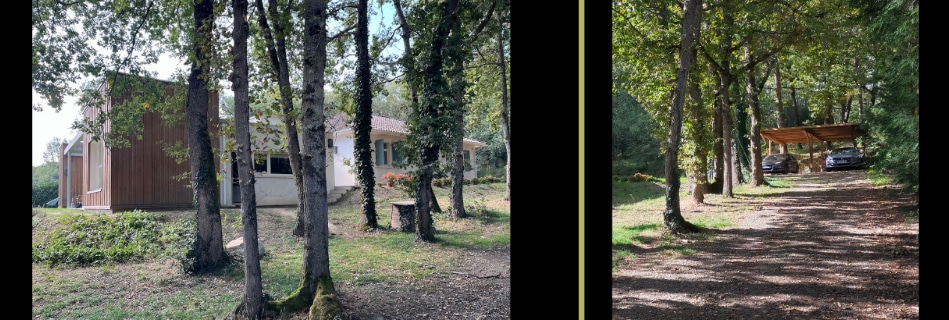 L'extension en bois nichée sous les chênes du terrain, et l'allée d'accès ombragée menant au carport