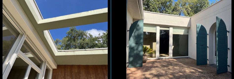 Détail de la pergola béton sur le bardage bois contre le ciel, et patio aux volets arqués turquoise ouvrant sur les baies vitrées