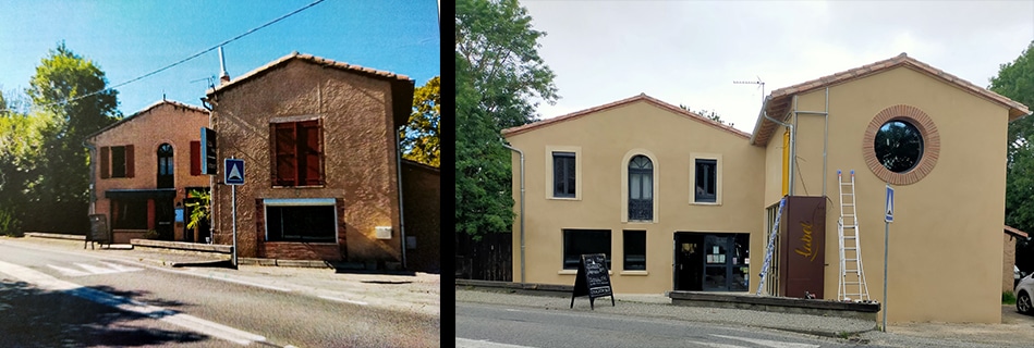 Avant / après de l'extension : l'ancienne maison ocre, puis le restaurant agrandi et rénové avec son oculus rond et son enseigne Label Braise