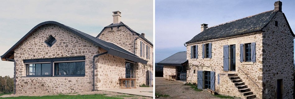 Deux vues extérieures : le pignon cintré en zinc au-dessus de la grande baie vitrée, et la façade en pierre aux volets bleu-gris desservie par un escalier de pierre