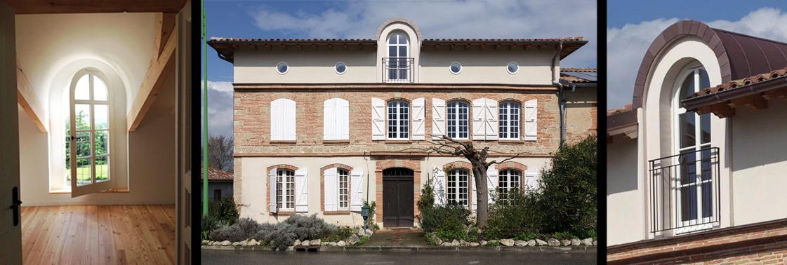 Triptyque de la façade surélevée : chambre sous rampant ouverte sur une porte-fenêtre cintrée, façade ordonnancée depuis la rue, et détail de la lucarne cintrée en zinc rouge