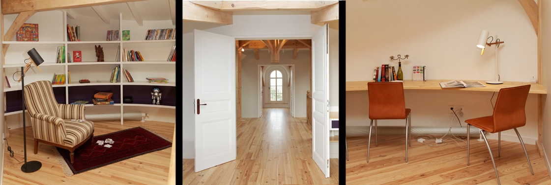 Salle d'eau d'une suite : plan vasque cintré en corian et sapin, douche carrelée de pâte de verre verte et baignoire îlot près d'un œil-de-bœuf