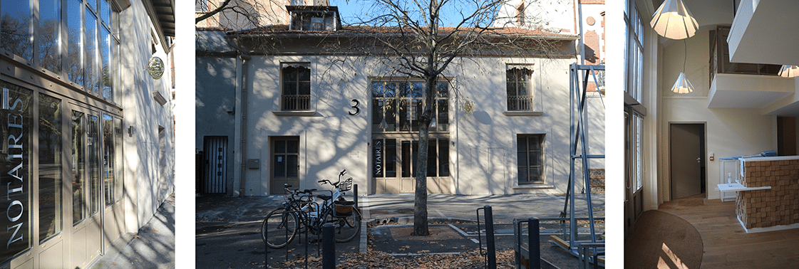 Porte vitrée gravée « Notaires » et façade de l'hôtel particulier toulousain au numéro 3, et hall intérieur au mur de bois en relief