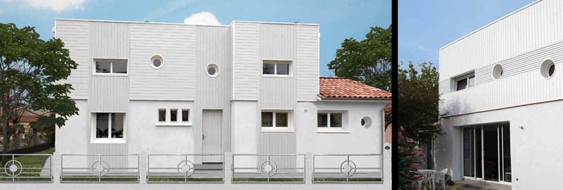 Façade du projet en image de synthèse puis réalisée : étage surélevé en bardage clair à hublots posé sur le rez-de-chaussée enduit, ouvert sur le jardin