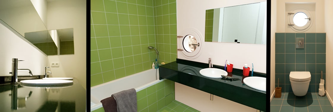 Salles d'eau colorées : plan vasque bordeaux et plan vasque bleu canard aux miroirs et appliques design, jeux de teintes franches