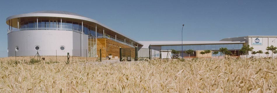 L'usine dans les champs de blé : la rotonde blanche à oculi et sa galerie vitrée, prolongée par la halle de production en bardage bois